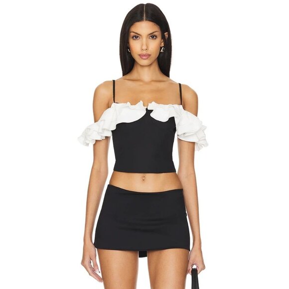 MORE TO COME Corinna Top in Black White Ruffle - Picture 1 of 4